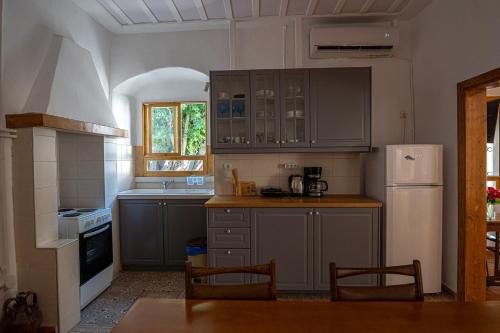 a kitchen with gray cabinets and a white refrigerator at A Painter's House in Plaka in Athens