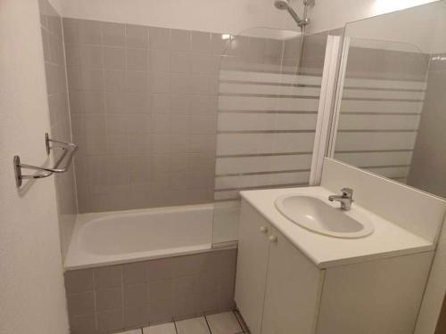 uma casa de banho branca com um lavatório e um chuveiro em Saint-Sorlin D'Arves 4-6 personnes pied des pistes 310km de pistes tous niveaux em Saint-Sorlin-dʼArves