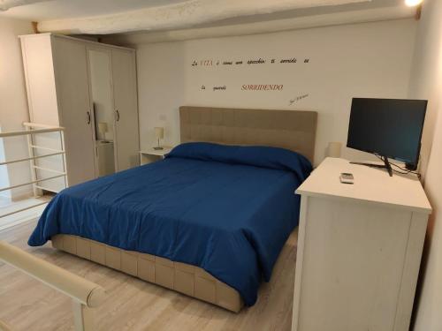 a bedroom with a bed and a desk with a television at IL GECO in Naples