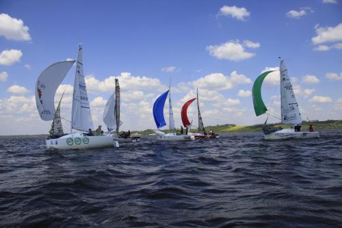 a group of small sailboats in the water at Gościniec pod Żaglami in Skoki Duże