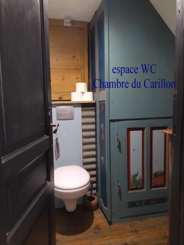 a bathroom with a toilet in a small room at chambres d'hôtes Le Carillon in Bergues