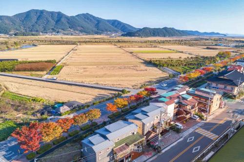 an aerial view of a town with trees and a road at Four Seasons Pension in Suncheon