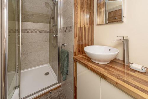 a bathroom with a sink and a shower at Llys Awel in Llangadwaladr