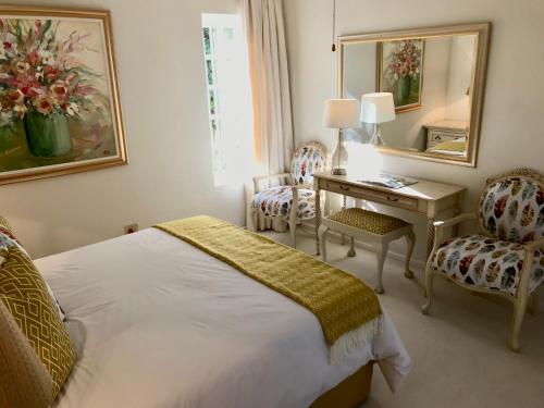 a bedroom with a bed and a desk and a mirror at Squirrel Cottage in Franschhoek