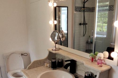 łazienka z umywalką, toaletą i lustrem w obiekcie Gîte moderne à la campagne w mieście La Couture