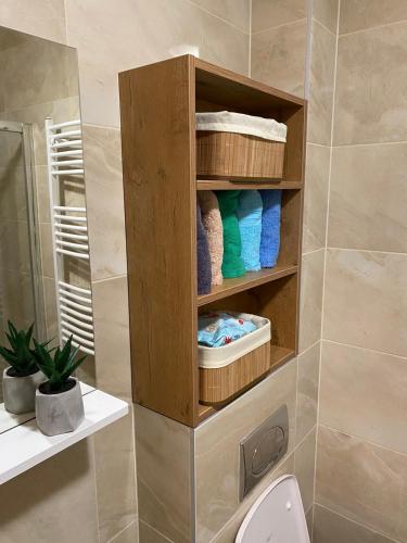 a bathroom with a toilet and towels on shelves at Apartment 55 in Bjelašnica