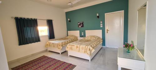two beds in a room with green walls at Senmut Luxory Apartments in Luxor