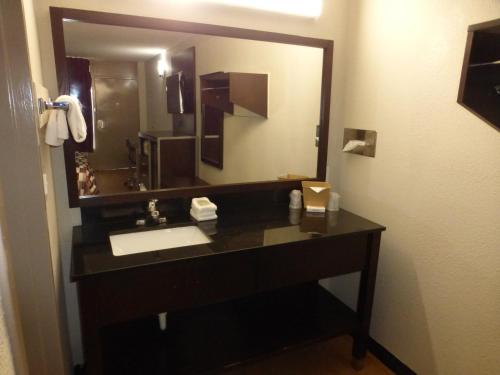 a bathroom with a sink and a large mirror at Red Roof Inn Corpus Christi North - Near Downtown in Corpus Christi