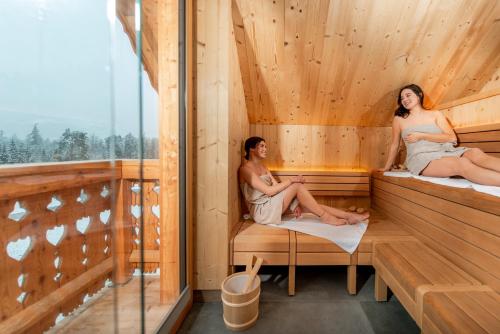two women sitting in a sauna at Luxury Chalets Gradenbach near Schladming in Haus im Ennstal