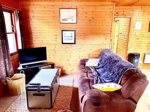 a living room with a leather couch and a tv at Braemar Lodge Cabins in Braemar