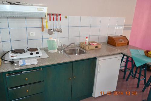 een keuken met groene kasten en een wastafel bij Ilias Studios in Patitiri