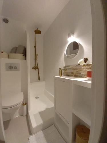 une salle de bain blanche avec des toilettes et un lavabo dans l'établissement AGREABLE STUDIO VUE PORT AU CAP D'AGDE, au Cap d'Agde