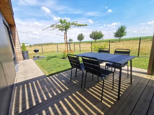 une table bleue et des chaises assises sur une terrasse dans l'établissement Maison chaleureuse à Fessenheim-le-Bas avec jardin clos 86 m², à Fessenheim-le-Bas