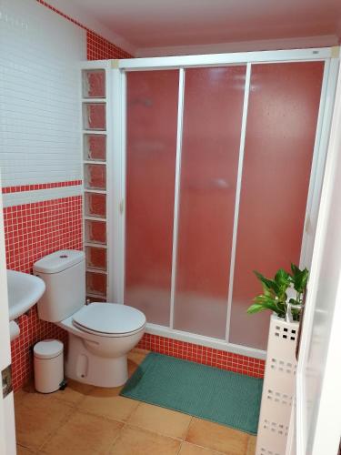 a bathroom with a toilet and a shower at Beach Front Las Burras in San Agustin