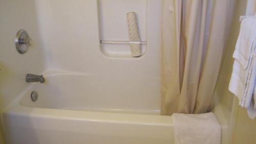 bagno con vasca e tenda doccia di Rosecourt Motel a Stratford