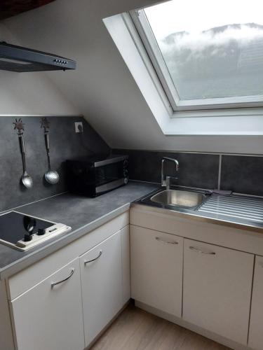 a kitchen with a sink and a skylight at Les Marmottes in Les Étalons