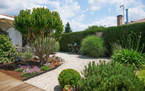 a garden with a gravel path and plants at Chambres d'hôtes Villa Surcouf in Andernos-les-Bains