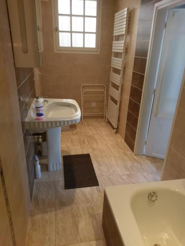 une salle de bain avec un lavabo et une baignoire dans l'établissement les hortensias, à Saujon