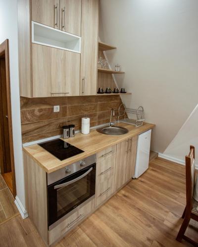a kitchen with wooden cabinets and a sink at Vila ZLATARSKA PAHULJA in Nova Varoš