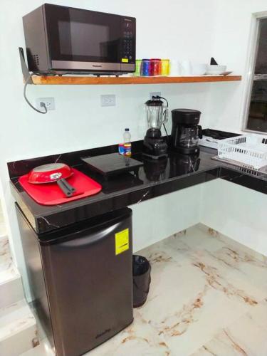 a kitchen with a counter with a microwave and a refrigerator at Loft Solimán - Netflix - HBO - Near Market 28 - Downtown in Cancún