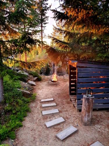 a fire pit with a grill and chairs and trees at Villa Laiskajaakko in Vimpeli
