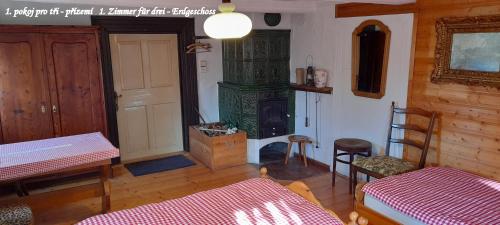 a room with a woodburning stove in a house at Chalupa Medium in Krásná Lípa