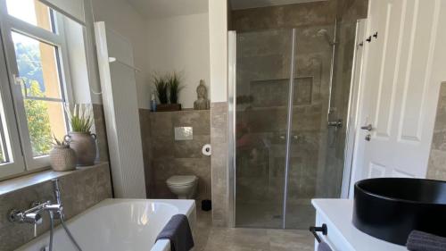 a bathroom with a tub and a glass shower at Zur alten Fabrik in Steinach