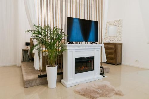 a living room with a fireplace with a tv on top at Chic Studio in Bucharest