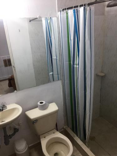 a bathroom with a toilet and a shower and a sink at Conjunto Buganviles - in Girardot