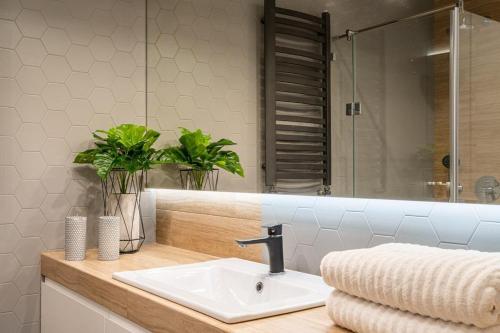 un baño con lavabo y espejo en ArtApart Stare Miasto Wrocław, en Wroclaw