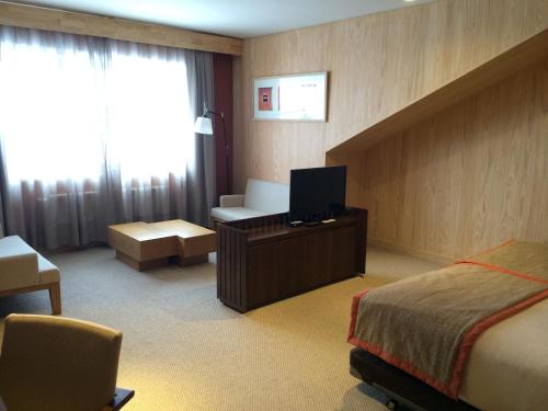 a hotel room with a bed and a television at Valle Corralco Hotel & Spa in Malalcahuello