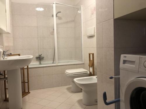 een badkamer met een wastafel, een toilet en een douche bij 017 Trilocale, Pinzolo in Pinzolo