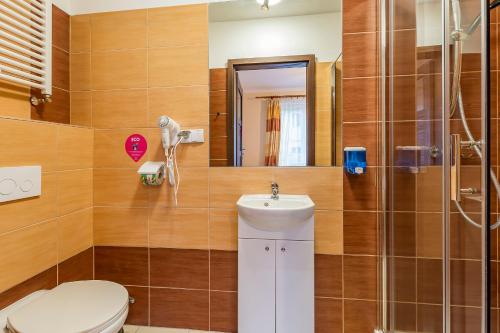 uma casa de banho com um WC, um lavatório e um chuveiro em VacationClub – 300 Mill Apartament 1 em Szklarska Poręba