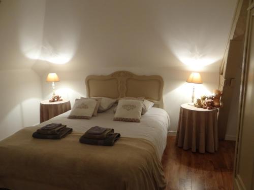 a bedroom with a large bed with two night stands at chambres d'hôtes près de FECAMP chez Muriel à Ganzeville le domaine de la roquette in Ganzeville