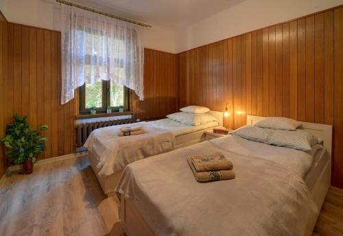 - 2 lits dans une chambre dotée de murs en bois et d'une fenêtre dans l'établissement Apartament z panoramą Szrenicy, à Szklarska Poręba