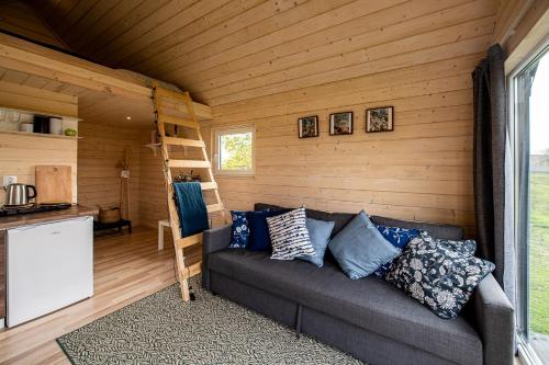 a living room with a couch in a log cabin at Vectēva dārzs in Rucava