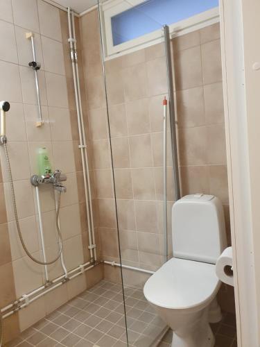 een badkamer met een toilet en een douche bij Jääskän Loma Apartment Hotel Härmä in Härmä
