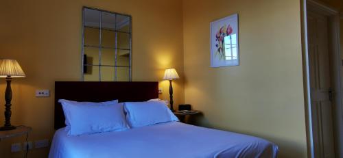 a bedroom with a bed with blue sheets and two lamps at Buccleuch and Queensberry Arms Hotel in Thornhill