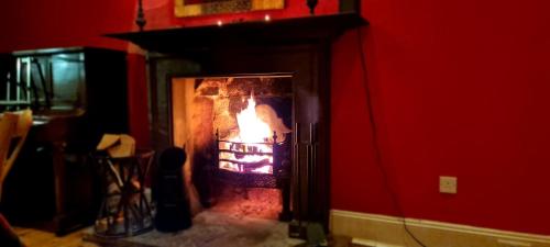 a fire in a fireplace in a red room at Buccleuch and Queensberry Arms Hotel in Thornhill
