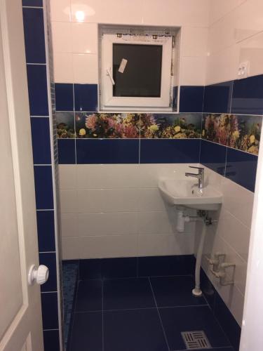 a blue and white bathroom with a sink and a window at Dom v Arkadii in Odesa