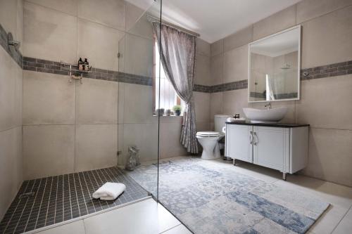 a bathroom with a shower and a sink and a toilet at Adderley House Guest Accommodation in Robertson