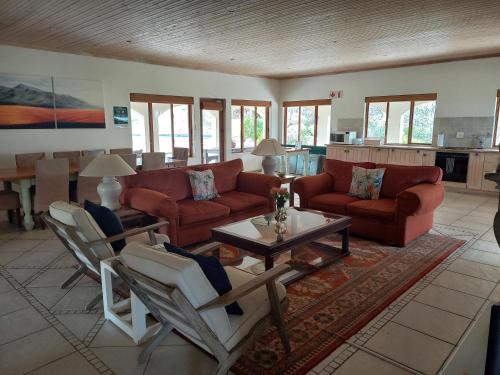 a living room with a couch and chairs and a table at Barton Luxury Villas in Botrivier