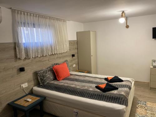 - une chambre avec un lit et un oreiller rouge dans l'établissement Guest House KN Malusha, à Gabrovo