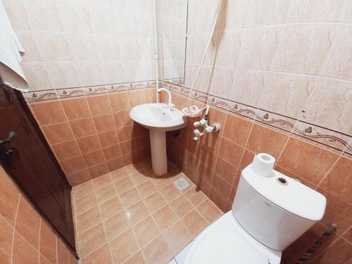 La salle de bains est pourvue de toilettes et d'un lavabo. dans l'établissement Rose Palace Millennium, à Karachi
