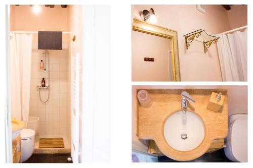 two pictures of a bathroom with a sink and a toilet at La finestra sul parco in Lucca