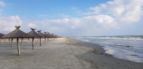 a row of straw umbrellas on a beach at Musura Bay Apartments in Sulina