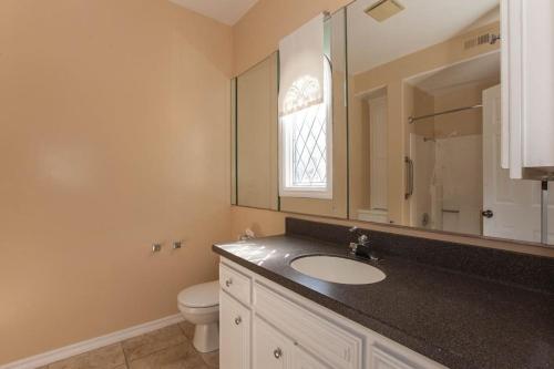 a bathroom with a sink and a toilet and a mirror at Castlegate Guest Apartment in Vista