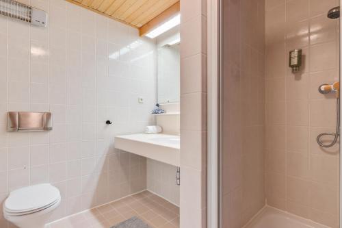 Deutschberg的住宿－Gemütliches Appartement nähe Skipiste，带淋浴、卫生间和盥洗盆的浴室