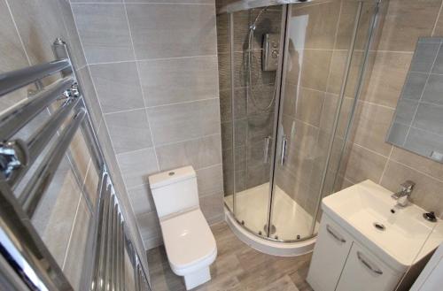 a bathroom with a shower and a toilet and a sink at Apartment In Bournemouth Town Centre in Bournemouth