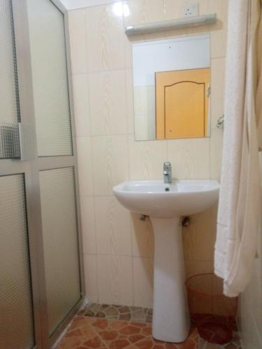 a bathroom with a white sink and a mirror at Karibu Heritage House in Arusha